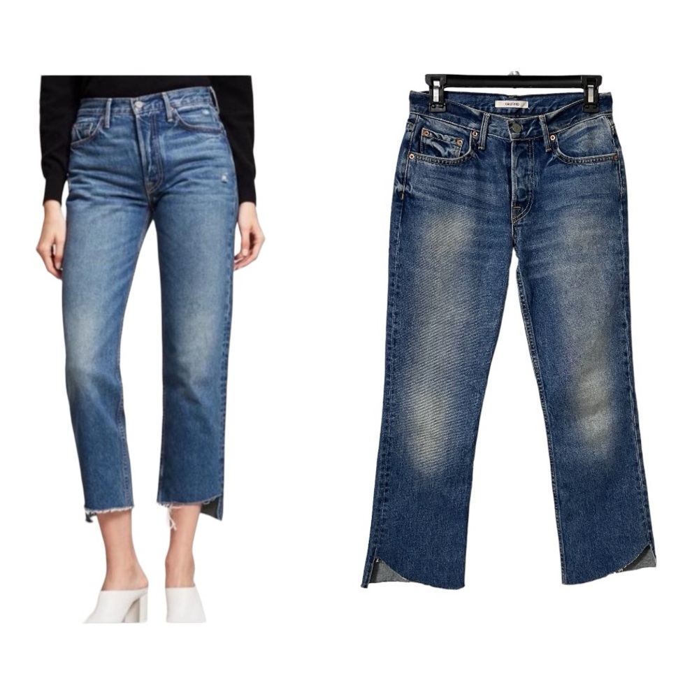 GRLFRND Tatum Straight Leg Crop Jeans Curved Frayed Hem in Turn Blue Size 25